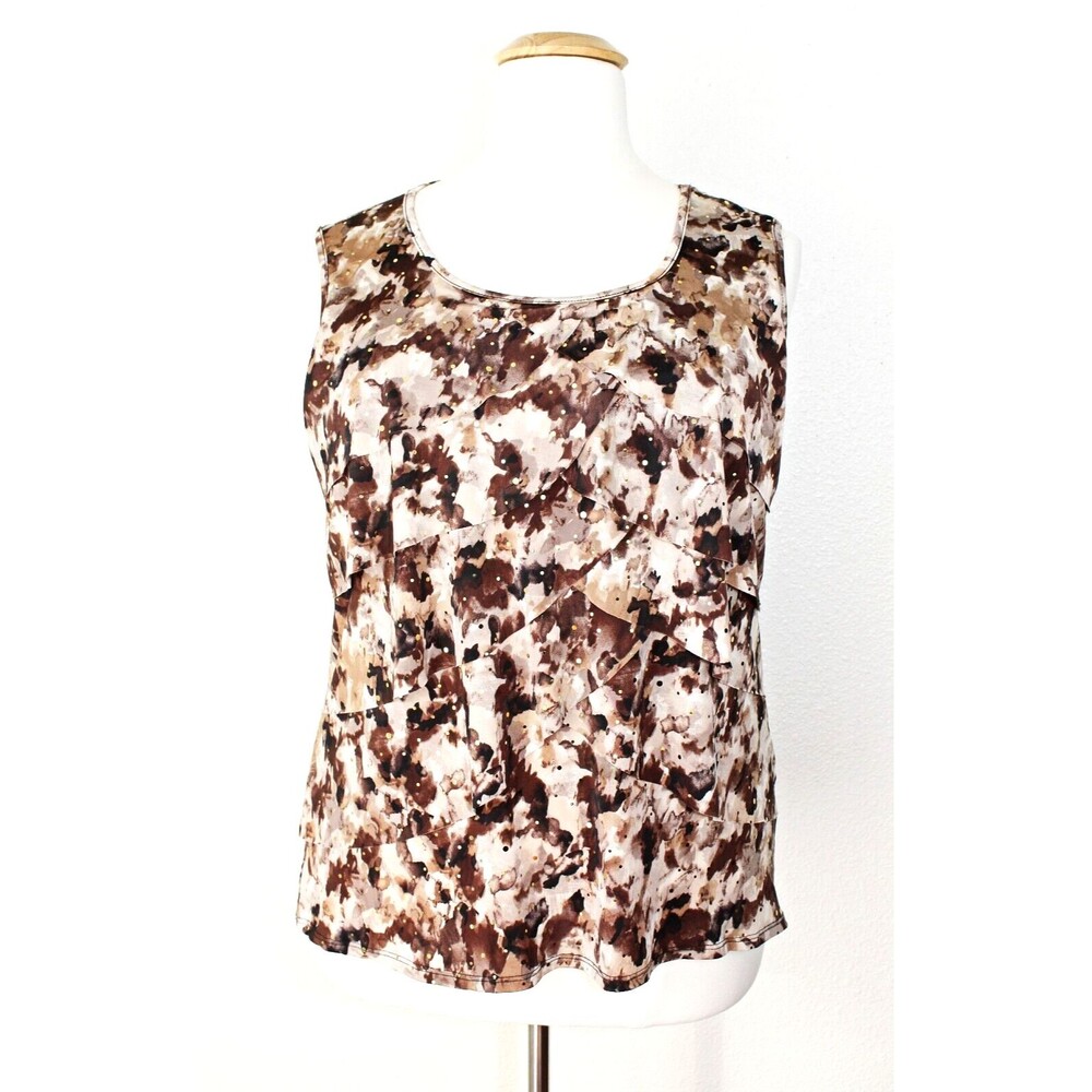 Whimsy Bedazzled DRESSBARN Tank Top Plus 2X Brown Beige Gray Abstract Summer #02